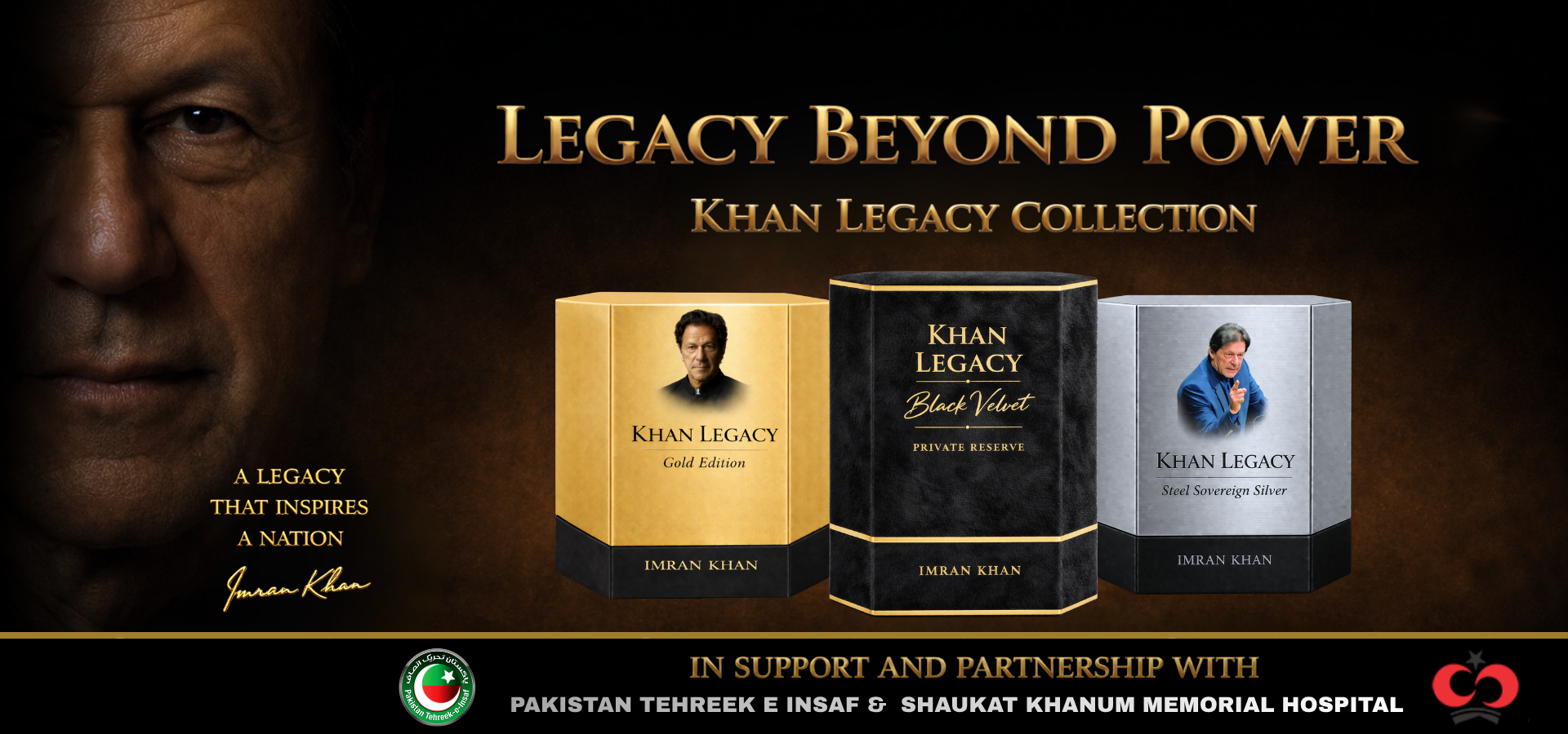 Khan Legacy Collection luxury perfume banner featuring Gold Edition, Black Velvet Private Reserve, and Steel Sovereign Silver inspired by Imran Khan legacy